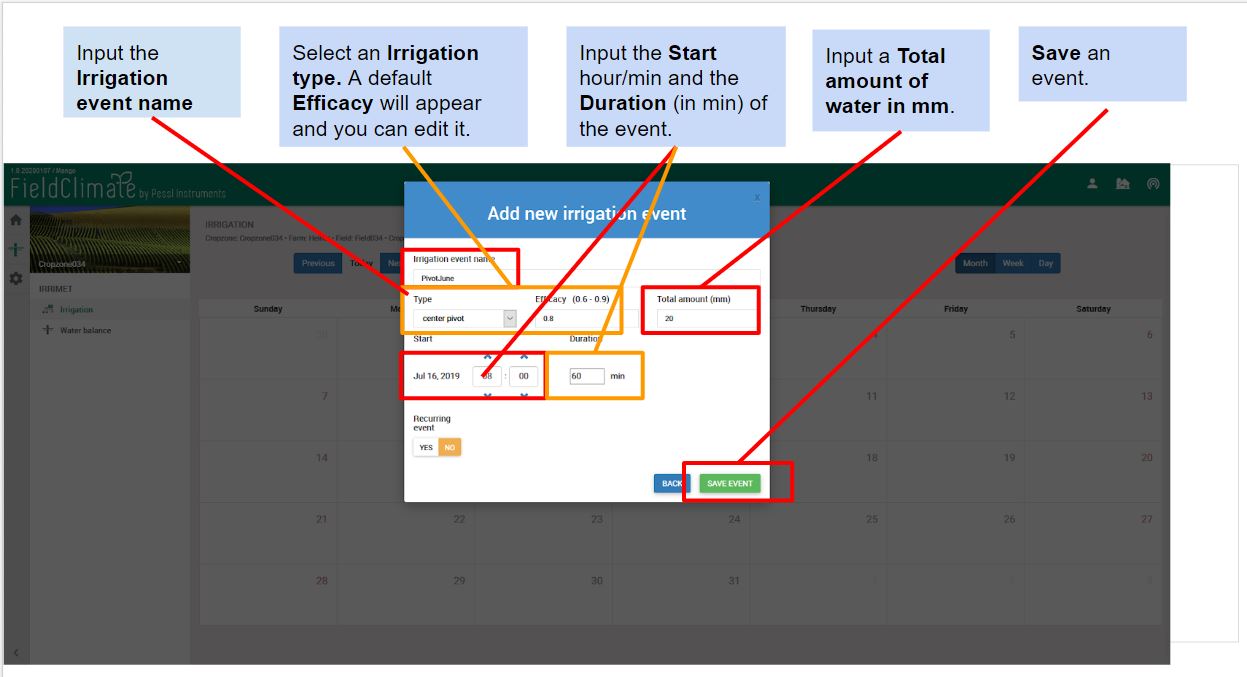Snapshot of the Irrigation calendar when inputting a single event.